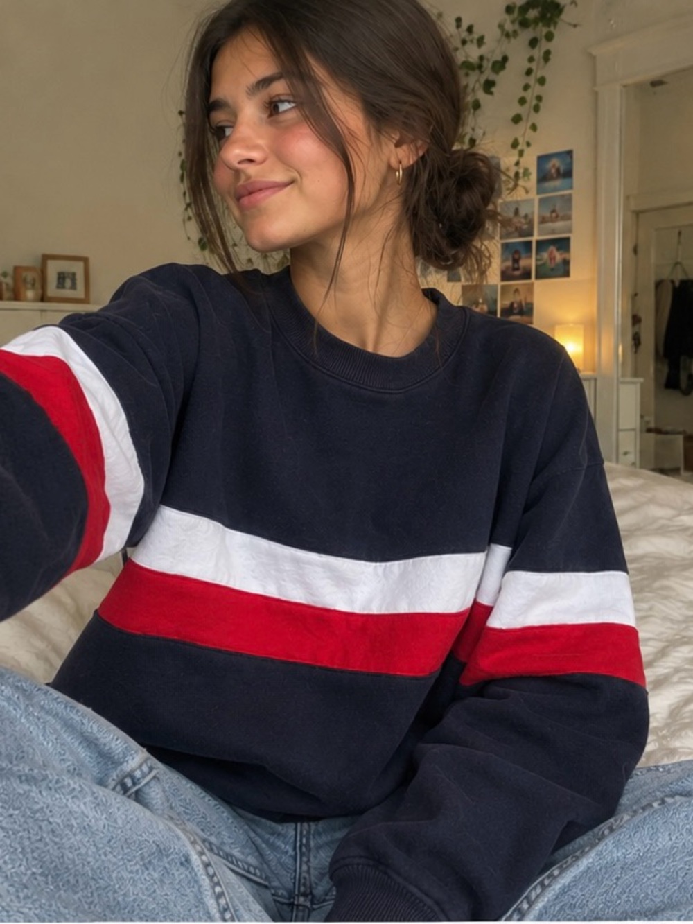 Navy Brandy Melville Colorblock Crewneck Sweater with White and Red Stripes